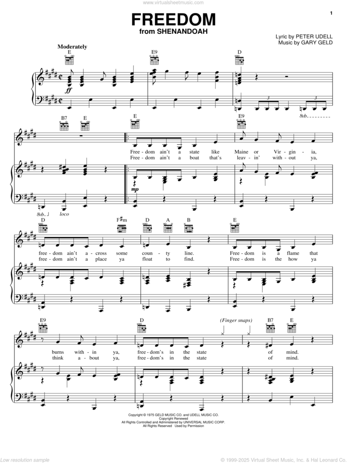 Freedom sheet music for voice, piano or guitar by Peter Udell, Shenandoah (Musical) and Gary Geld, intermediate skill level