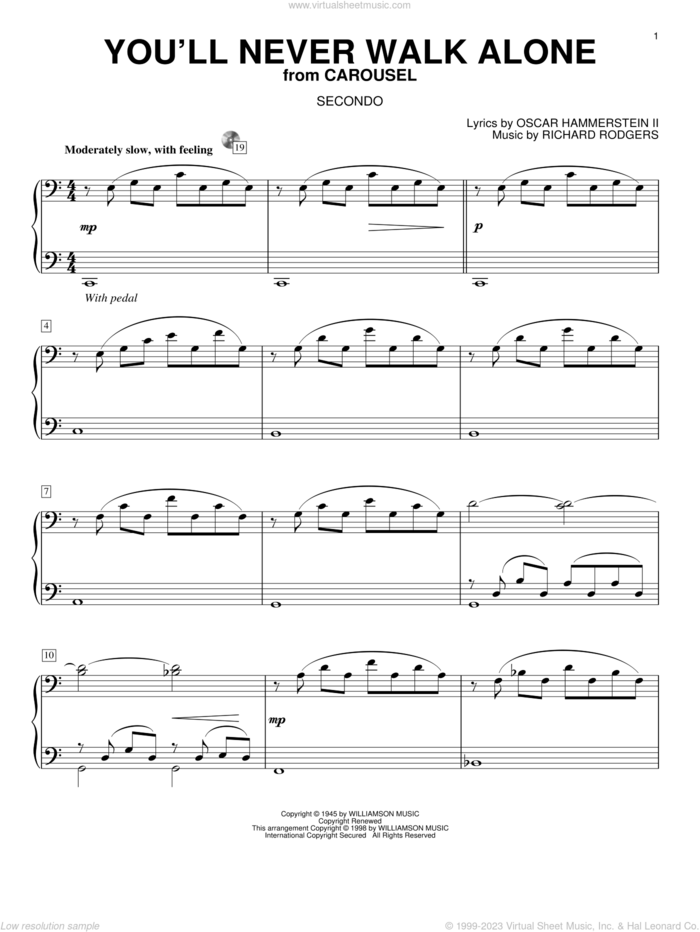You'll Never Walk Alone (from Carousel) sheet music for piano four hands by Rodgers & Hammerstein, Carousel (Musical), Oscar II Hammerstein and Richard Rodgers, wedding score, intermediate skill level
