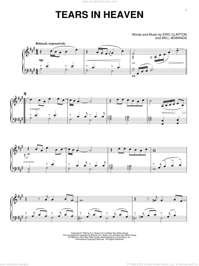 Tears In Heaven (from Rush) sheet music for piano solo by Eric Clapton and Will Jennings, intermediate skill level
