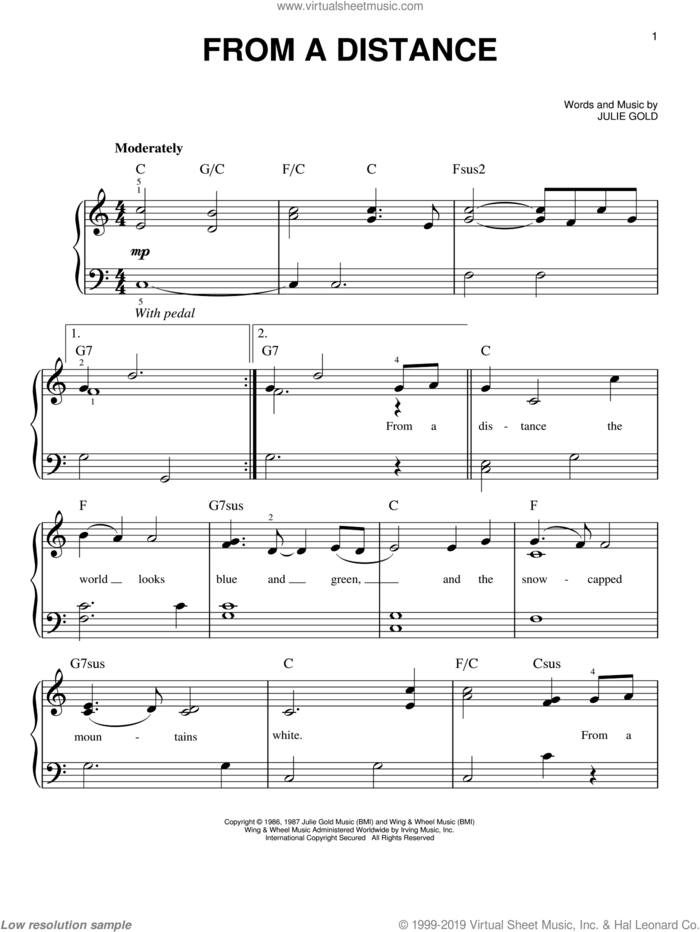 From A Distance sheet music for piano solo by Bette Midler, Nanci Griffith and Julie Gold, easy skill level