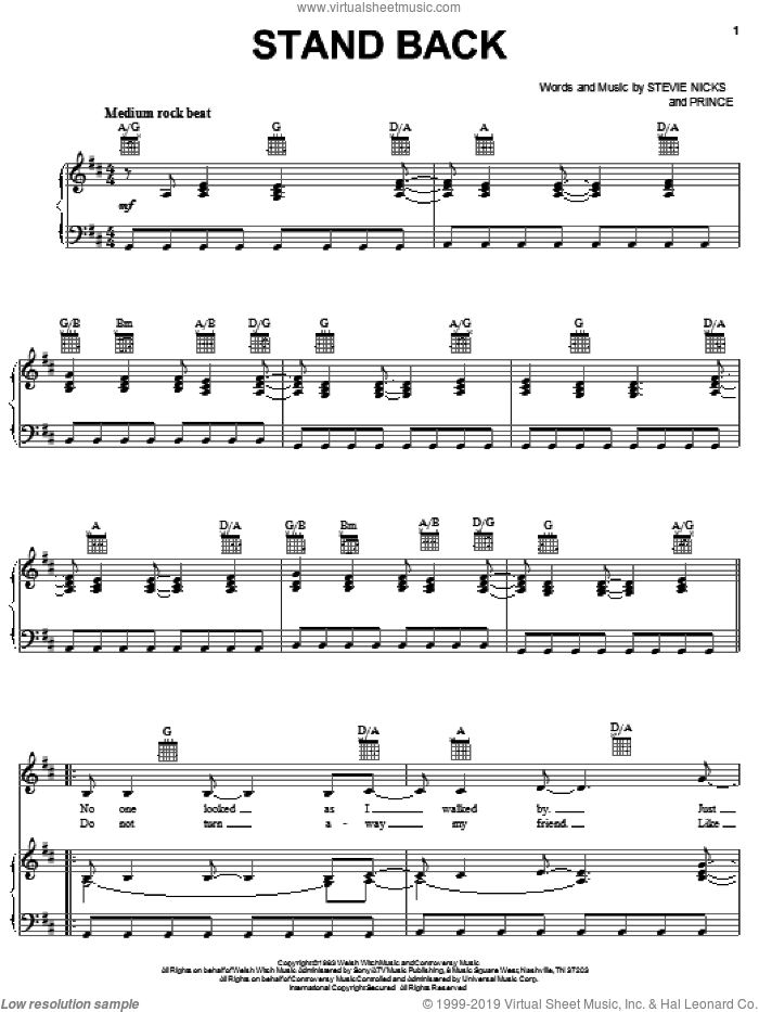Stand Back sheet music for voice, piano or guitar by Stevie Nicks and Prince, intermediate skill level