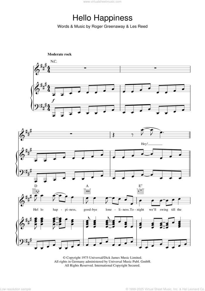 Hello Happiness sheet music for voice, piano or guitar by The Drifters, Les Reed and Roger Greenaway, intermediate skill level