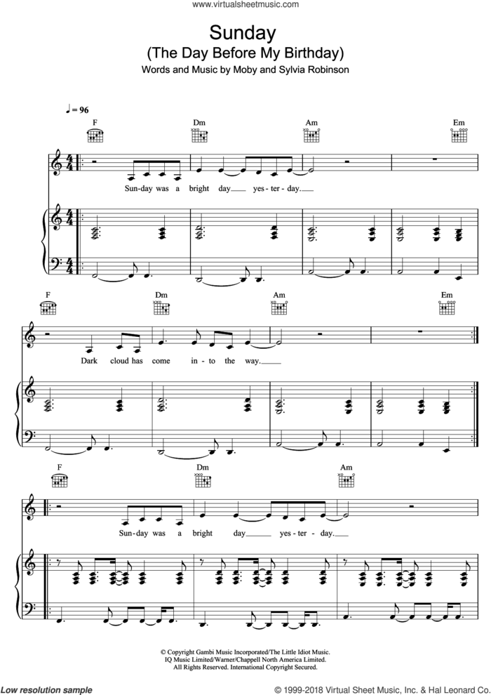 Sunday (The Day Before My Birthday) sheet music for voice, piano or guitar by Moby, Bert Keyes and Sylvia Robinson, intermediate skill level