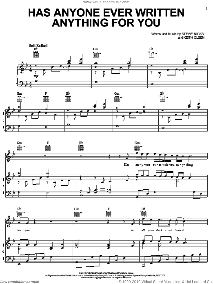 Has Anyone Ever Written Anything For You sheet music for voice, piano or guitar by Stevie Nicks and Keith Olsen, intermediate skill level