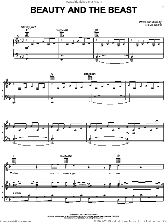 Beauty And The Beast sheet music for voice, piano or guitar by Stevie Nicks, intermediate skill level