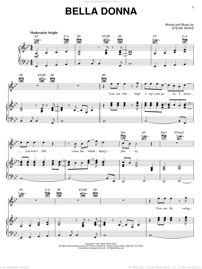 Bella Donna sheet music for voice, piano or guitar by Stevie Nicks, intermediate skill level