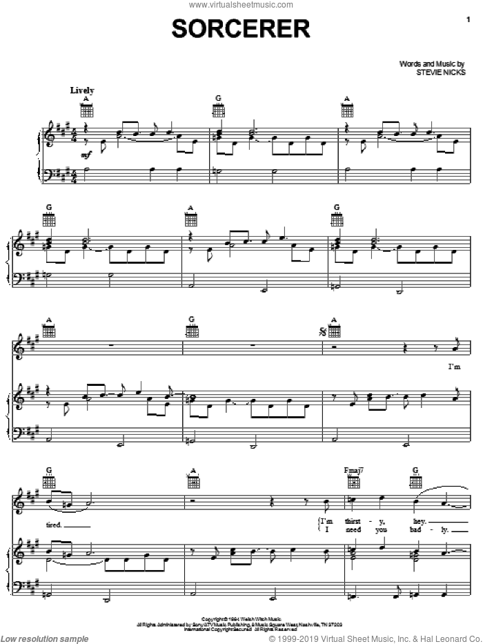Sorcerer sheet music for voice, piano or guitar by Stevie Nicks, intermediate skill level