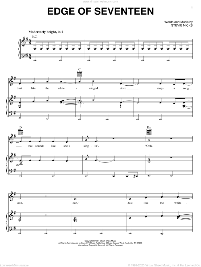 Edge Of Seventeen sheet music for voice, piano or guitar by Stevie Nicks, intermediate skill level