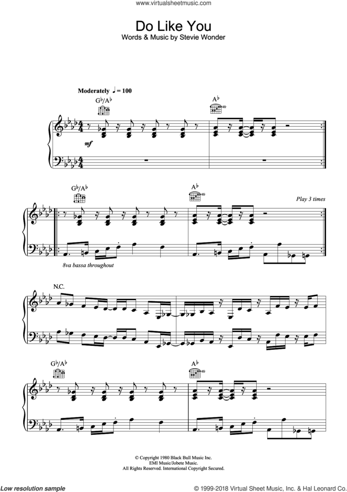 Do Like You sheet music for voice, piano or guitar by Stevie Wonder, intermediate skill level