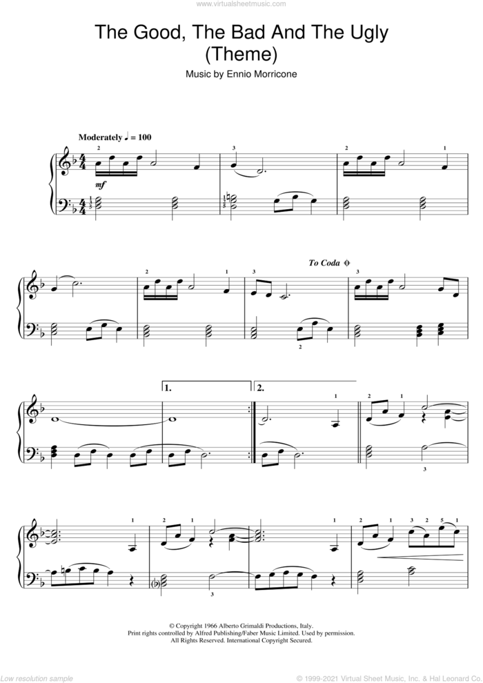 The Good, The Bad And The Ugly (Theme) sheet music for piano solo by Ennio Morricone, easy skill level