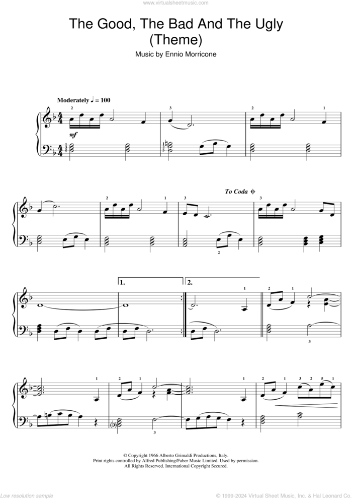 The Good, The Bad And The Ugly (Theme) sheet music for piano solo by Ennio Morricone, easy skill level