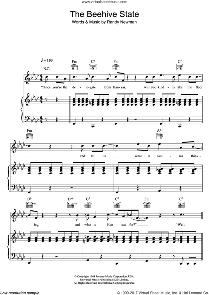 The Beehive State sheet music for voice, piano or guitar by Randy Newman, intermediate skill level