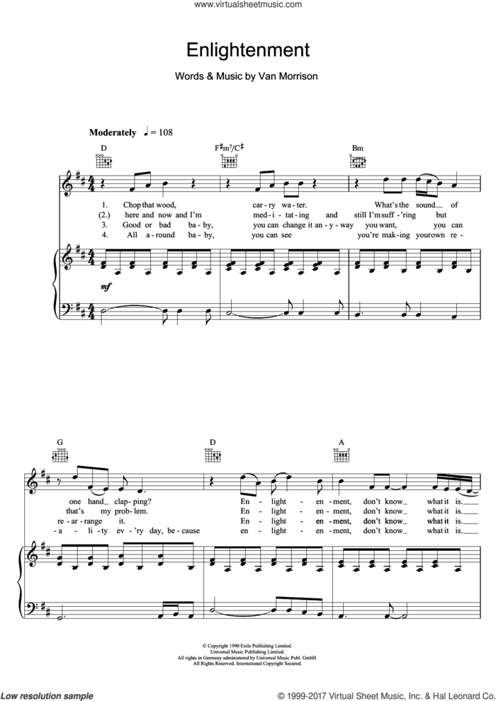 Enlightenment sheet music for voice, piano or guitar by Van Morrison, intermediate skill level