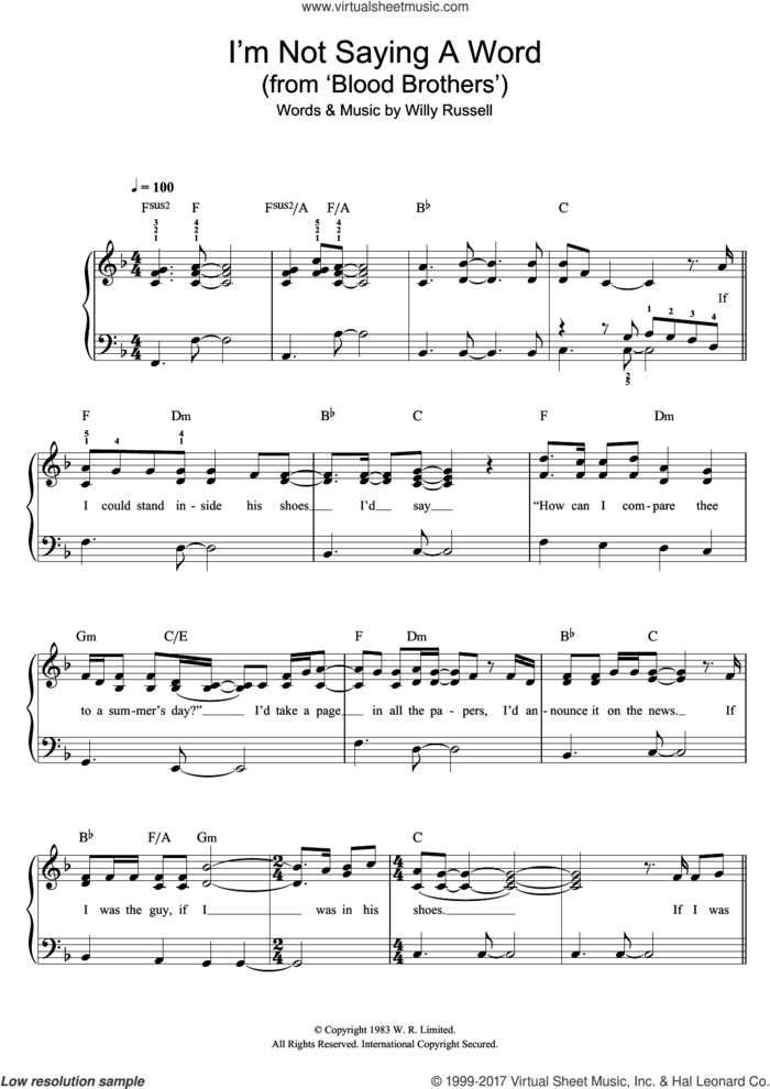 I'm Not Saying A Word (from Blood Brothers) sheet music for piano solo by Willy Russell, easy skill level