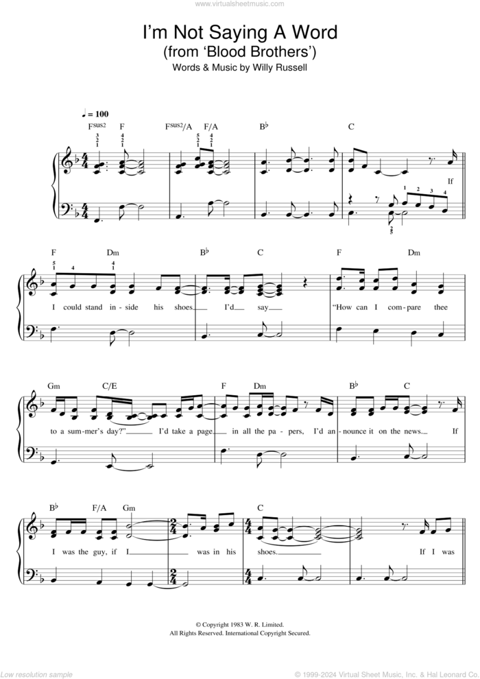 I'm Not Saying A Word (from Blood Brothers) sheet music for piano solo by Willy Russell, easy skill level