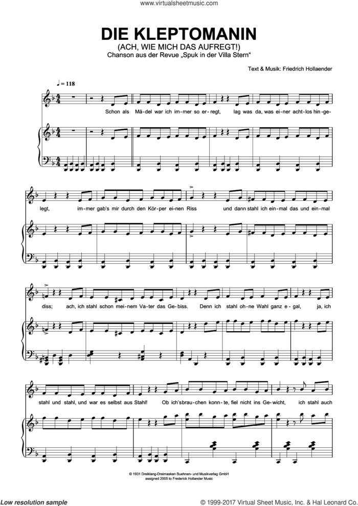 Die Kleptomanin (Ach, Wie Mich Das Aufregt!) sheet music for voice and piano by Friedrich Holländer, Friedrich Hollaender and Friedrich HollA�A�nder, intermediate skill level