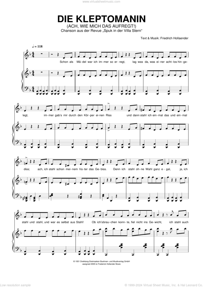 Die Kleptomanin (Ach, Wie Mich Das Aufregt!) sheet music for voice and piano by Friedrich Holländer, Friedrich Hollaender and Friedrich HollAAnder, intermediate skill level