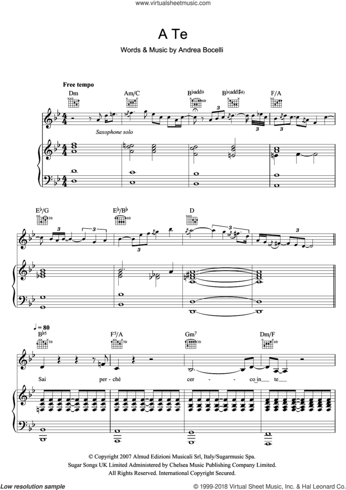A Te sheet music for voice, piano or guitar by Andrea Bocelli, classical score, intermediate skill level