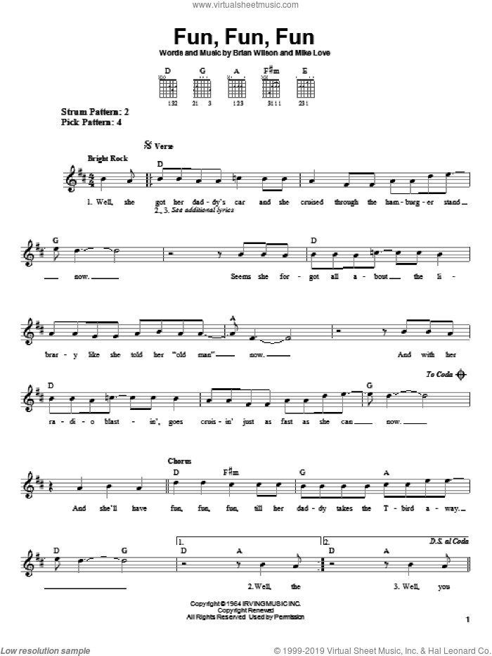 Fun, Fun, Fun sheet music for guitar solo (chords) by The Beach Boys, Brian Wilson and Mike Love, easy guitar (chords)