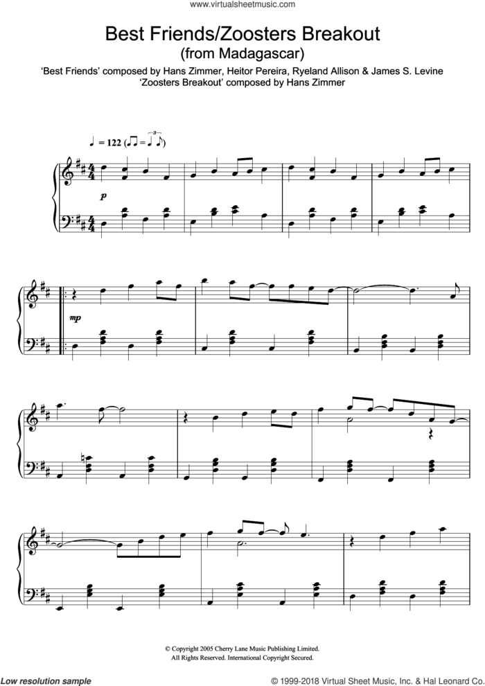 Madagascar (Best Friends/Zoosters Breakout) sheet music for piano solo by Hans Zimmer, intermediate skill level