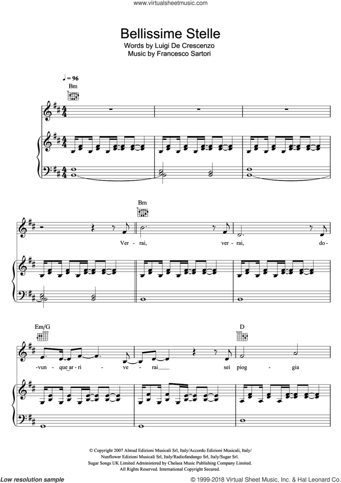 Bellissime Stelle sheet music for voice, piano or guitar by Andrea Bocelli, Francesco Sartori and Luigi De Crescenzo, classical score, intermediate skill level