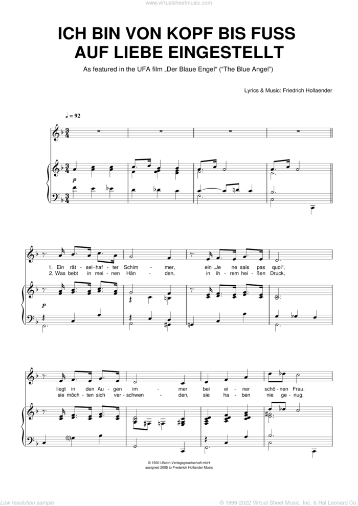 Ich Bin Von Kopf Bis Fuss Auf Liebe Eingestellt sheet music for voice and piano by Friedrich Holländer, Friedrich Hollaender and Friedrich HollA�A�nder, intermediate skill level
