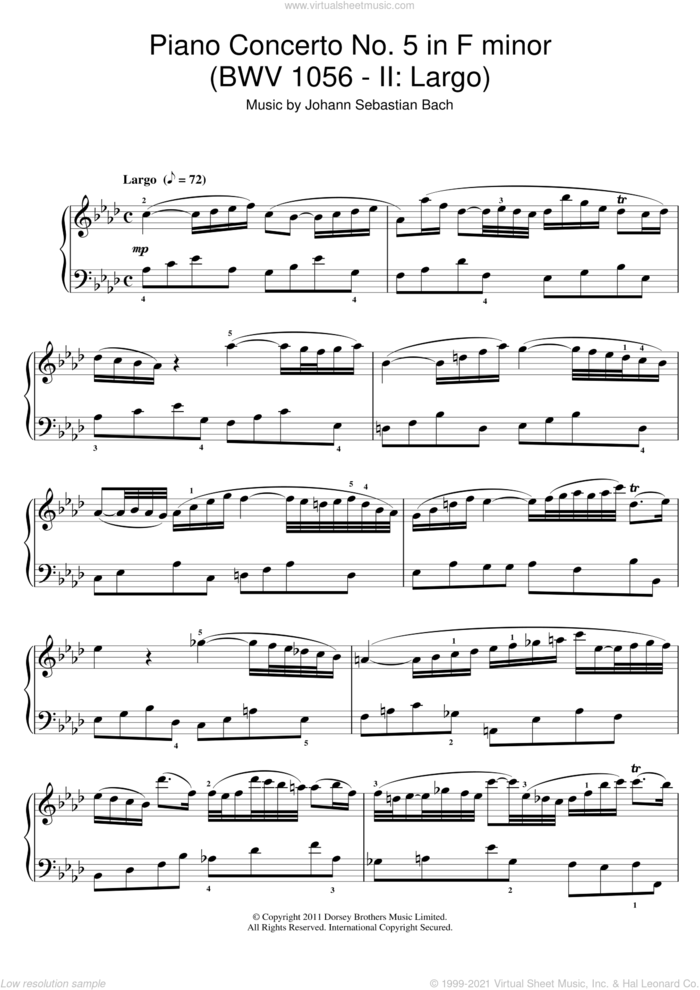 Piano Concerto No. 5 in F minor (BWV 1056 - II: Largo) sheet music for piano solo by Johann Sebastian Bach, classical score, intermediate skill level