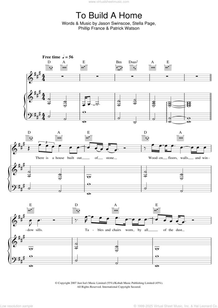 To Build A Home sheet music for voice, piano or guitar by Cinematic Orchestra, Jason Swinscoe, Patrick Watson, Phillip France and Stella Page, intermediate skill level