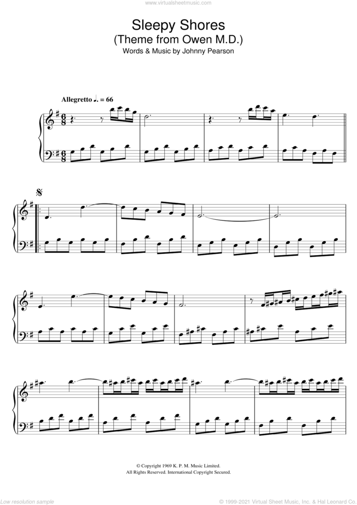 Sleepy Shores (theme from Owen M.D.) sheet music for piano solo by Johnny Pearson, intermediate skill level