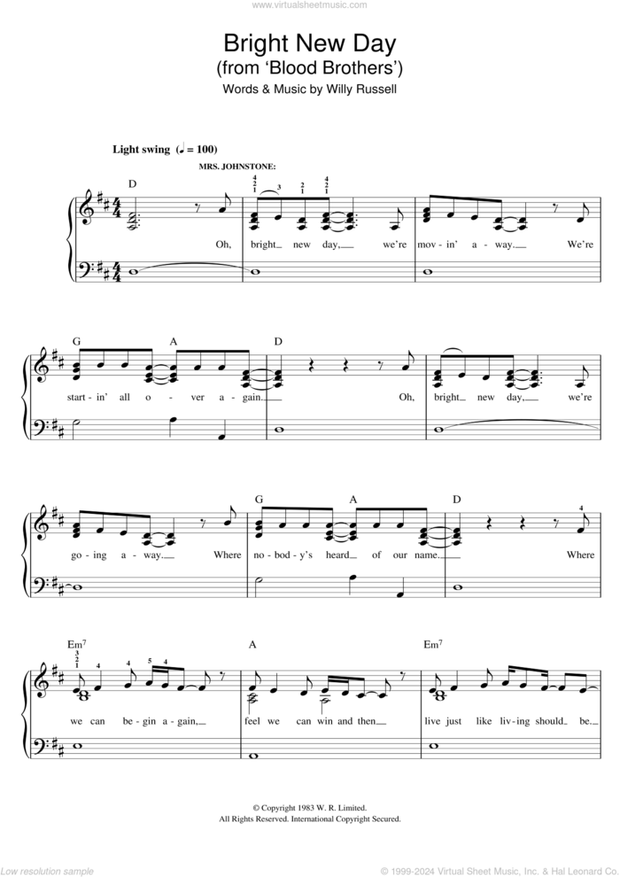 Bright New Day (from Blood Brothers) sheet music for piano solo by Willy Russell, easy skill level