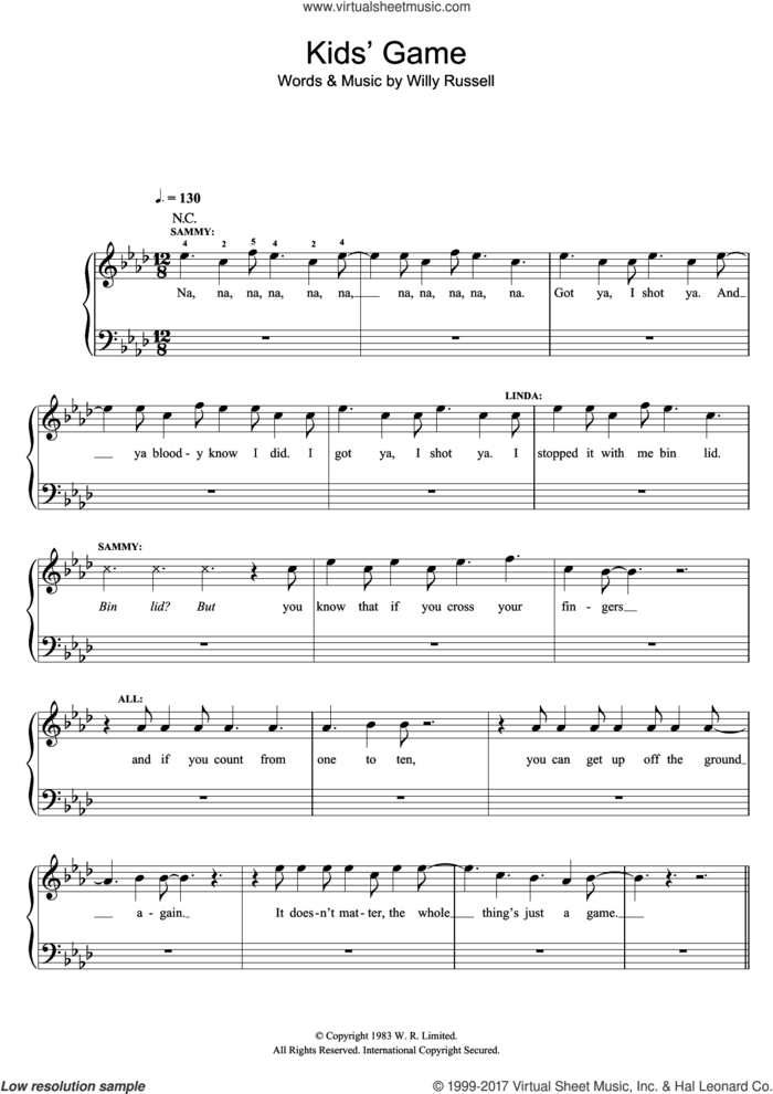 Kids' Game (from Blood Brothers) sheet music for piano solo by Willy Russell, easy skill level
