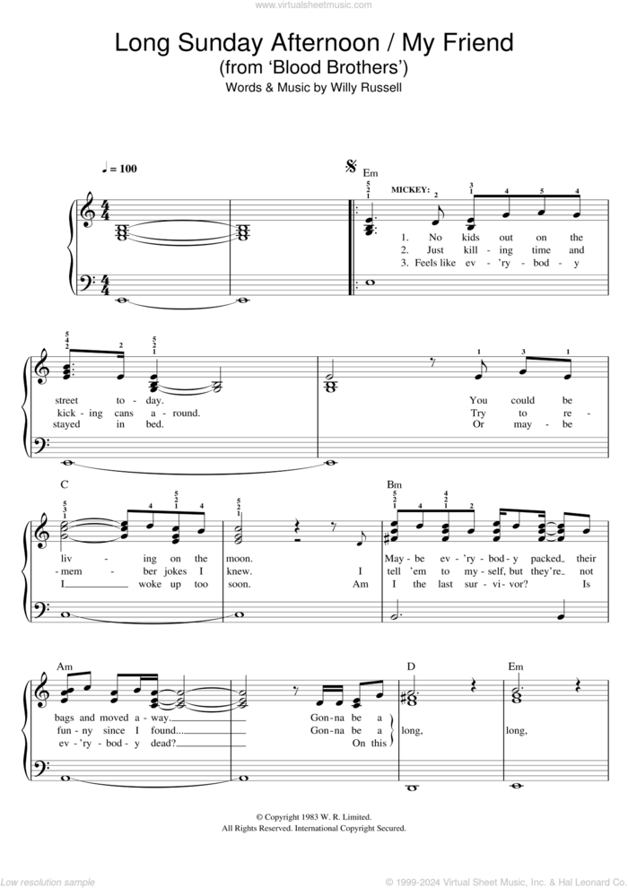 Long Sunday Afternoon/My Friend (from Blood Brothers) sheet music for piano solo by Willy Russell, easy skill level