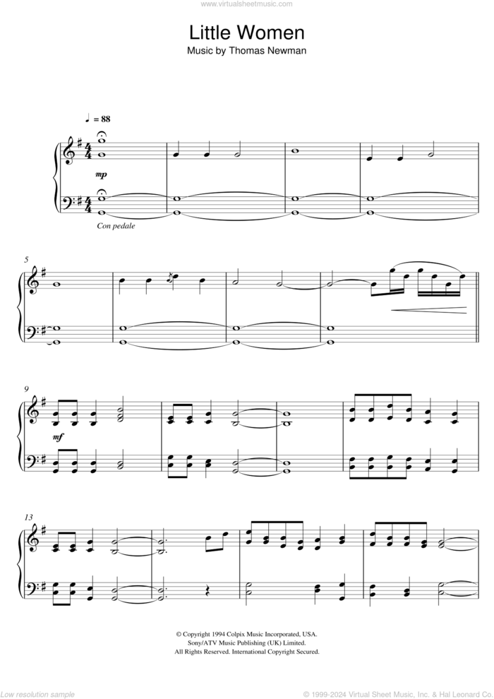 Little Women (Orchard House (Main Title)/Valley Of The Shadow) sheet music for piano solo by Thomas Newman, intermediate skill level