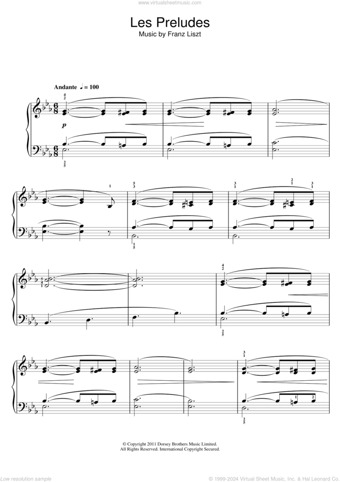 Les Preludes sheet music for piano solo by Franz Liszt, classical score, intermediate skill level