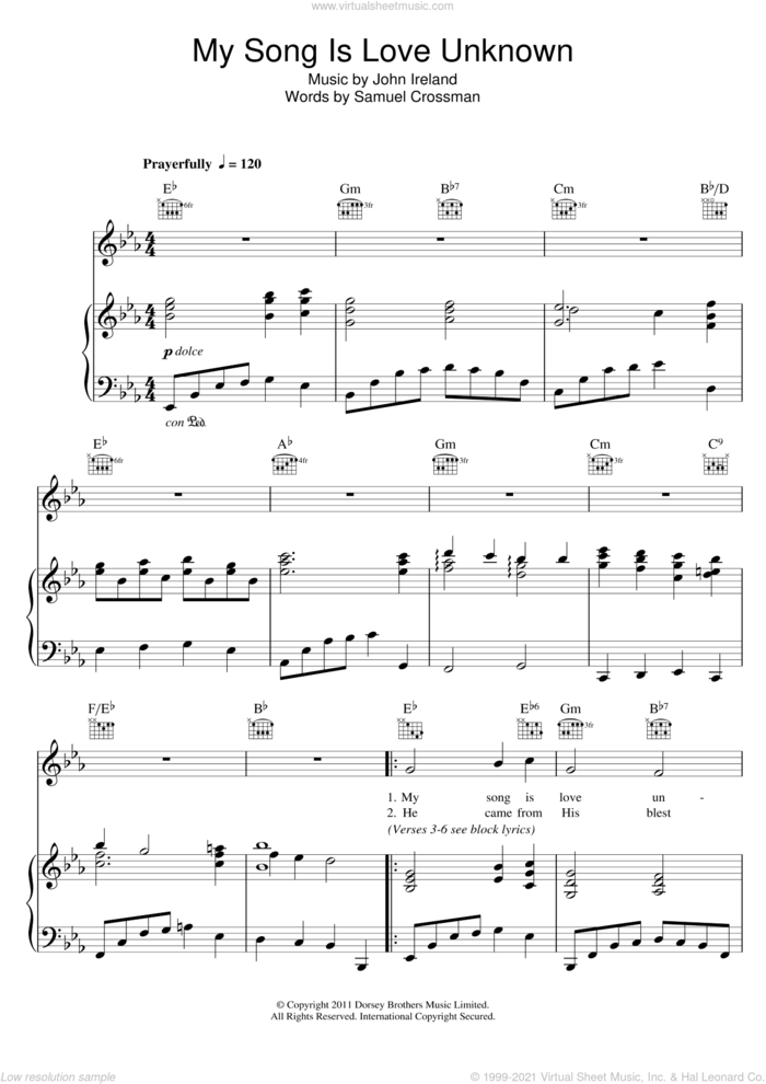 My Song Is Love Unknown sheet music for voice, piano or guitar by John Ireland and Samuel Crossman, intermediate skill level