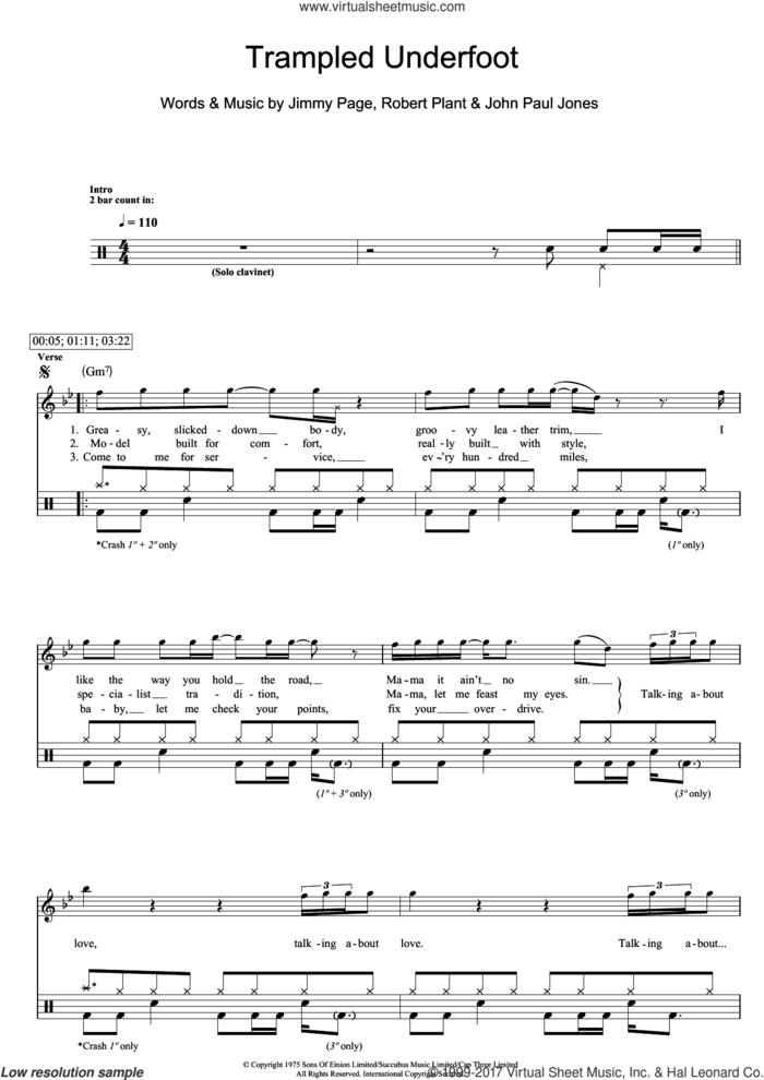 Trampled Underfoot sheet music for drums (percussions) by Led Zeppelin, Jimmy Page, John Paul Jones and Robert Plant, intermediate skill level