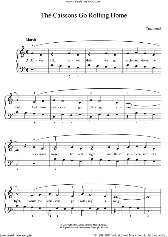 The Caissons Go Rolling Home sheet music for piano solo, easy skill level
