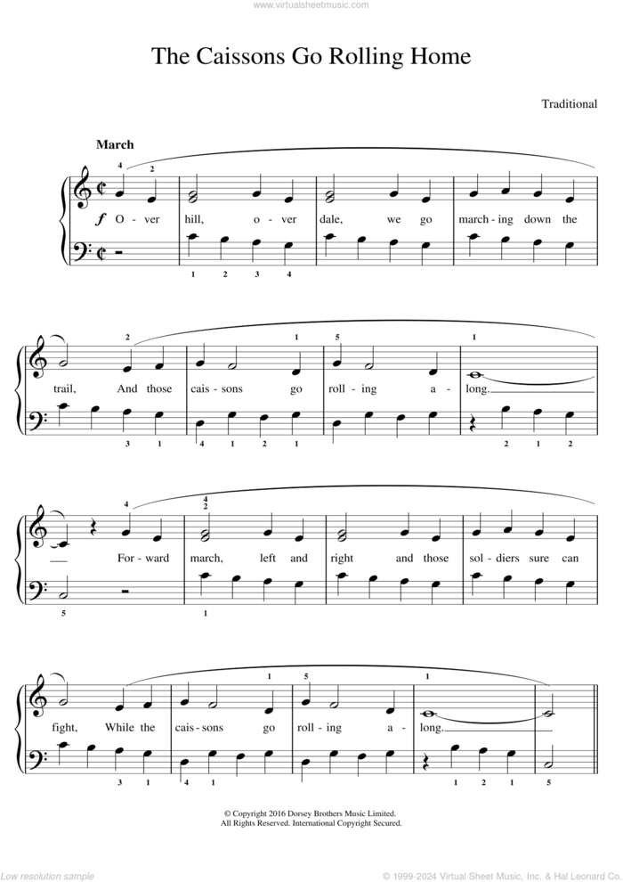 The Caissons Go Rolling Home sheet music for piano solo, easy skill level