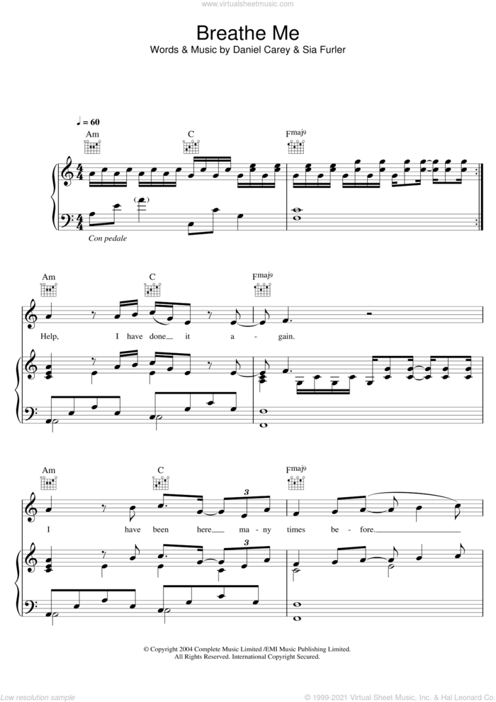 Breathe Me sheet music for voice, piano or guitar by Sia, Daniel Carey and Sia Furler, intermediate skill level