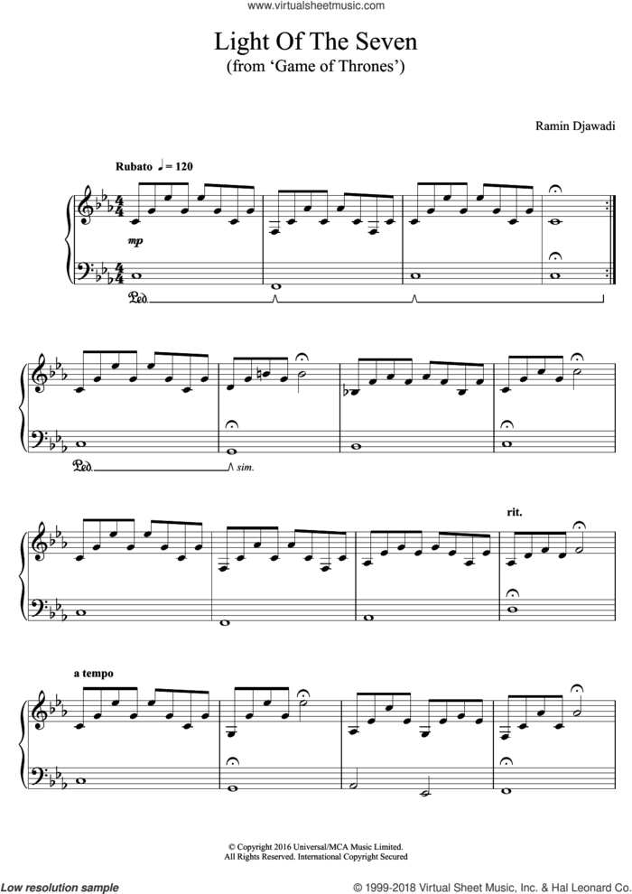 Light Of The Seven (from Game of Thrones) sheet music for piano solo by Ramin Djawadi and Game Of Thrones (TV Series), intermediate skill level