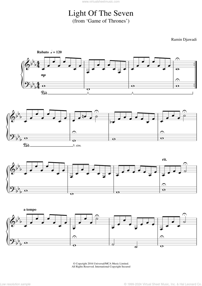 Light Of The Seven (from Game of Thrones) sheet music for piano solo by Ramin Djawadi and Game Of Thrones (TV Series), intermediate skill level