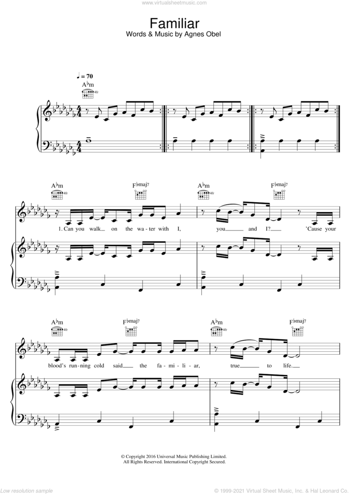 Familiar sheet music for voice, piano or guitar by Agnes Obel, intermediate skill level