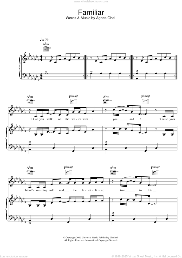 Familiar sheet music for voice, piano or guitar by Agnes Obel, intermediate skill level