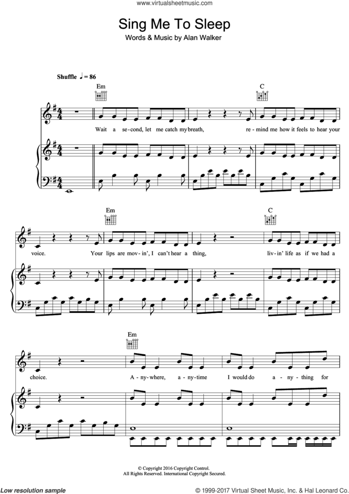 Sing Me To Sleep sheet music for voice, piano or guitar by Alan Walker, intermediate skill level