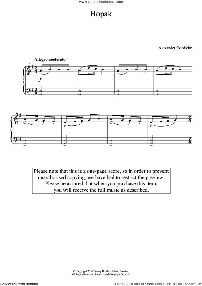 Hopak sheet music for piano solo by Alexander Goedicke, classical score, easy skill level