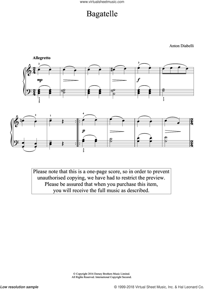 Bagatelle sheet music for piano solo by Antonio Diabelli, classical score, easy skill level