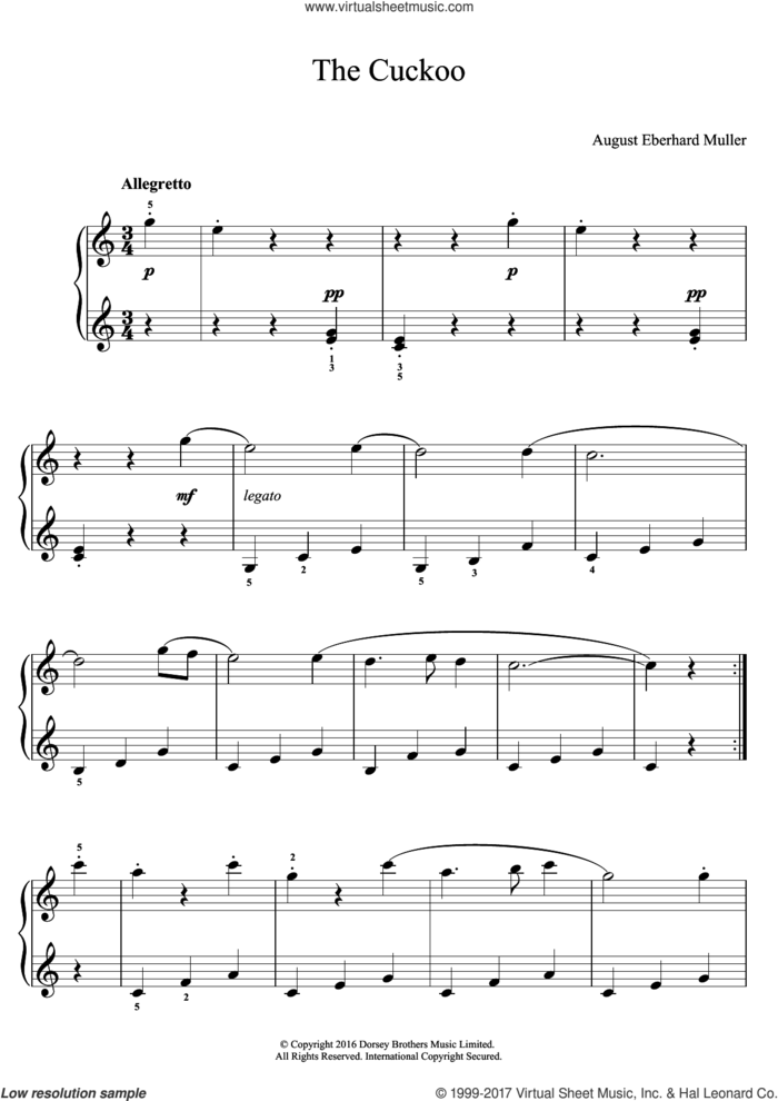The Cuckoo, (easy) sheet music for piano solo by August Eberhard Muller, classical score, easy skill level