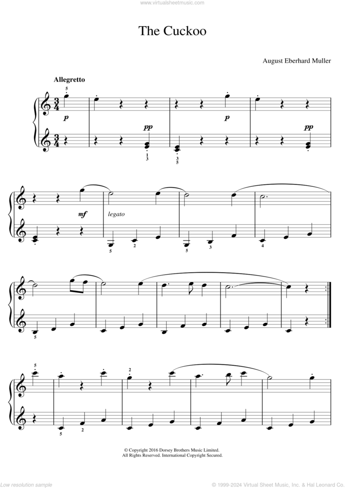 The Cuckoo, (easy) sheet music for piano solo by August Eberhard Muller, classical score, easy skill level