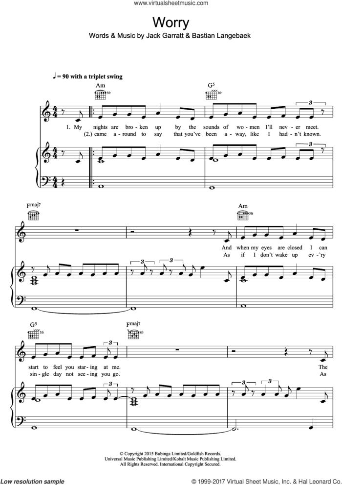 Worry sheet music for voice, piano or guitar by Jack Garratt and Bastian Langebaek, intermediate skill level
