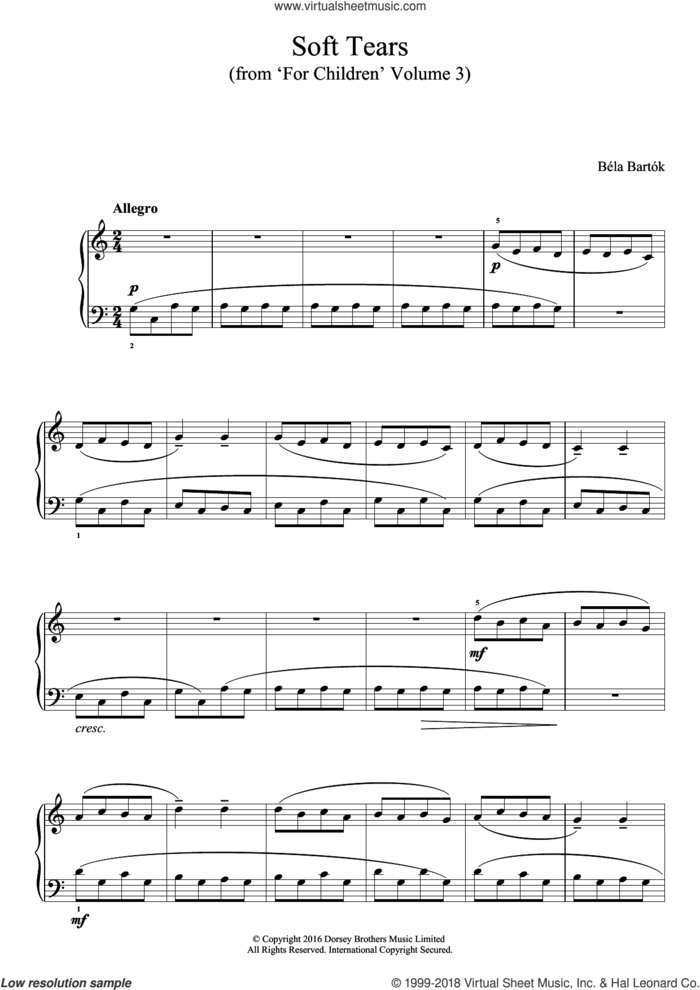 Soft Tears (from 'For Children', Volume 3) sheet music for piano solo by Bela Bartok and Bela Bartok, classical score, easy skill level